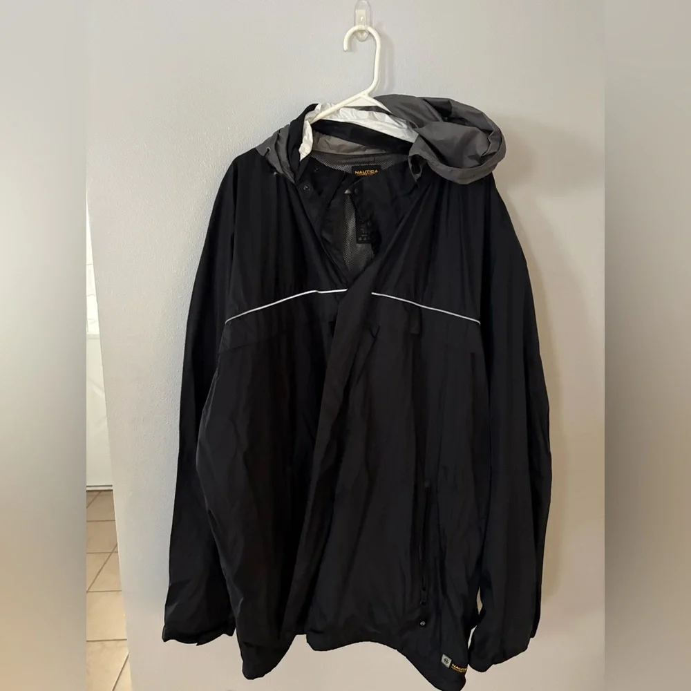 Nautica Black Hooded Raincoat with Gray Trim